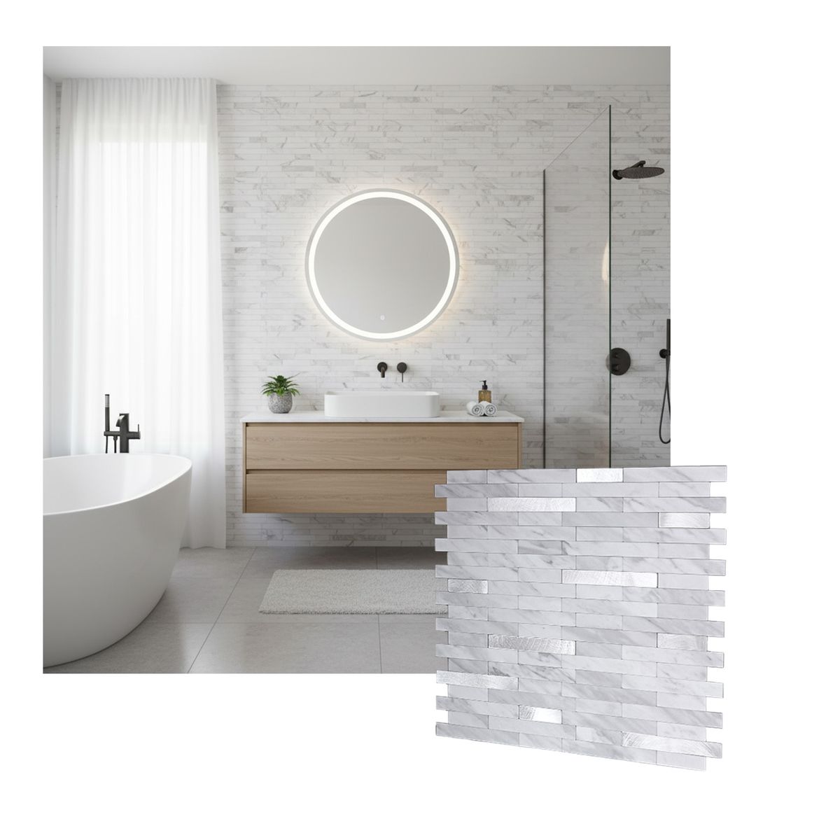 MERCAR RAY - Caja 8 Mosaicos Salpicadero Autoadhesivo PVC Aluminio Mármol Plata 30,6x29,7 cm