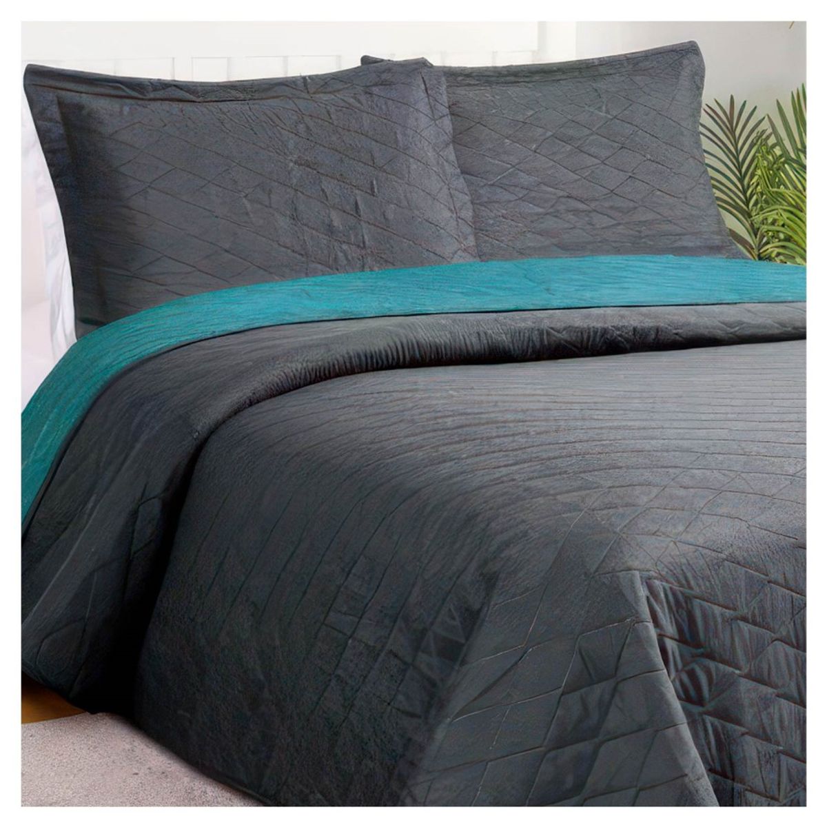 MASEL - Quilt Bicolor Masel 1,5 plazas Gris-Turquesa