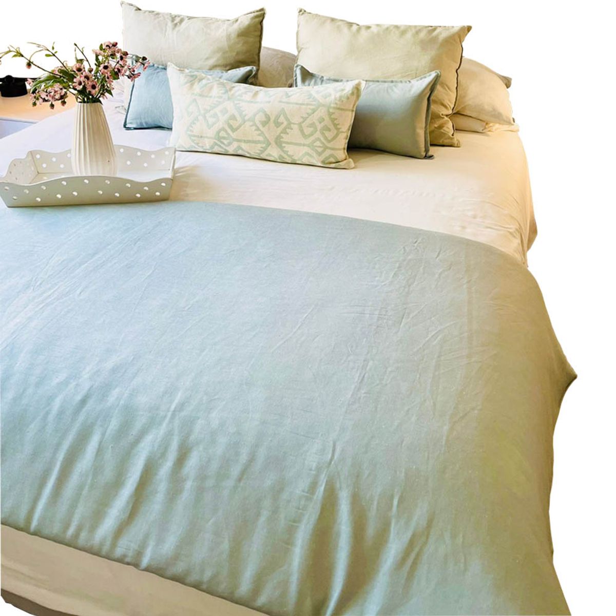 ANTONIA PAZ - Set Piecera Lino Verde Agua 90 X 230 cm +  2 cojines