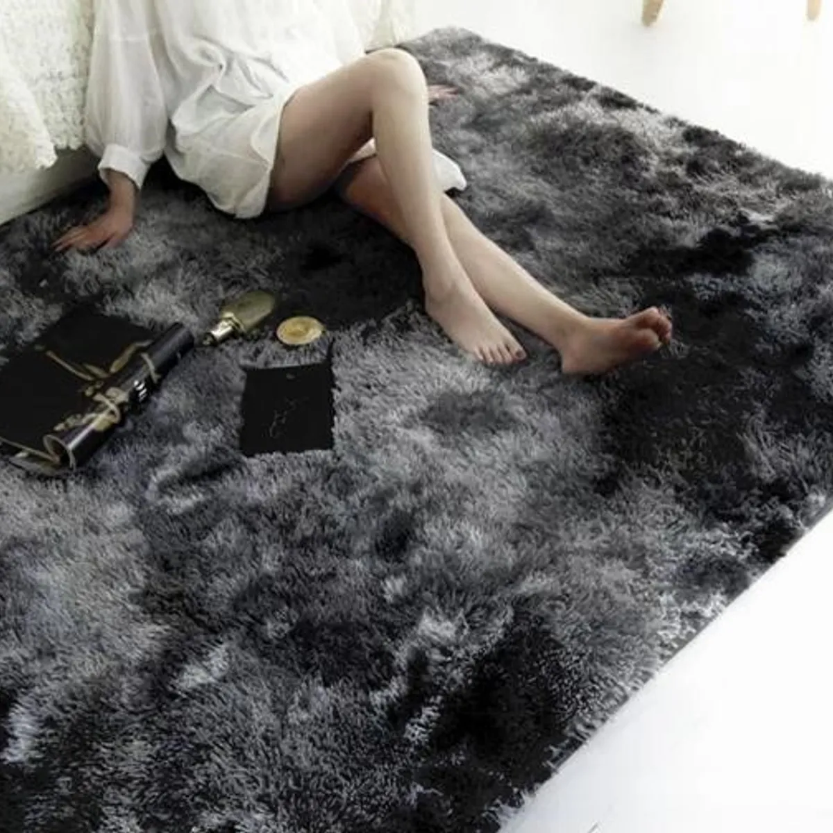 DIANA - ALFOMBRA NEGRO   JASPEADO PELUDITA 200x240 cm SUAVE ANTIDESLIZANTE