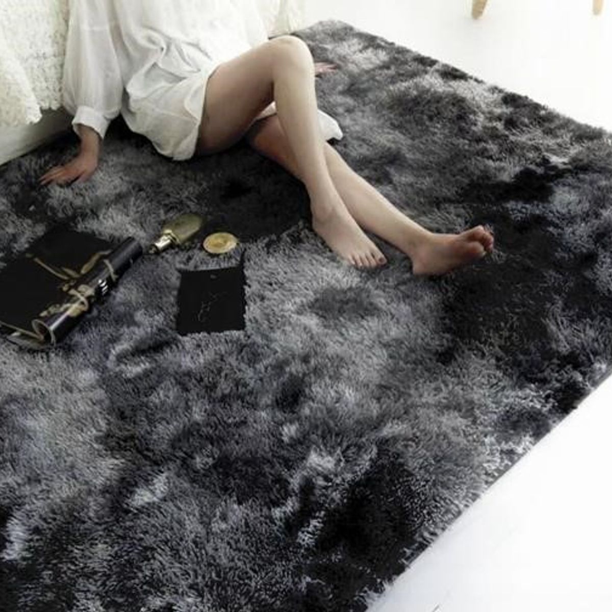 DIANA - ALFOMBRA NEGRO JASPEADO PELUDITA 180X200 cm SUAVE ANTIDESLIZANTE