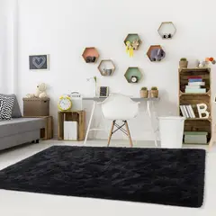 DIANA - ALFOMBRA NEGRO UNICOLOR PELUDITA 180X200 cm SUAVE ANTIDESLIZANTE