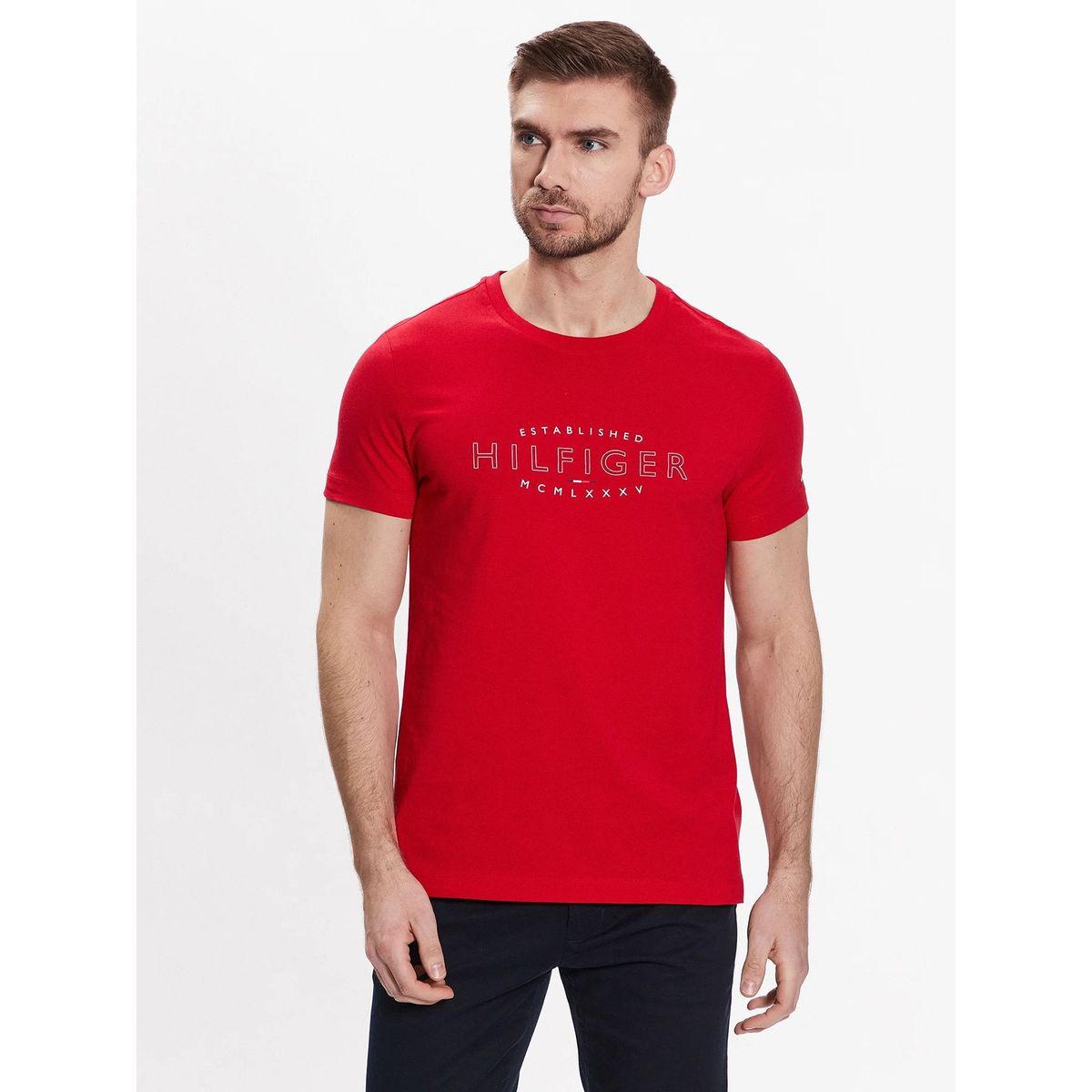 TOMMY HILFIGER - Polera Logo Curve Slim Fit Rojo Tommy Hilfiger