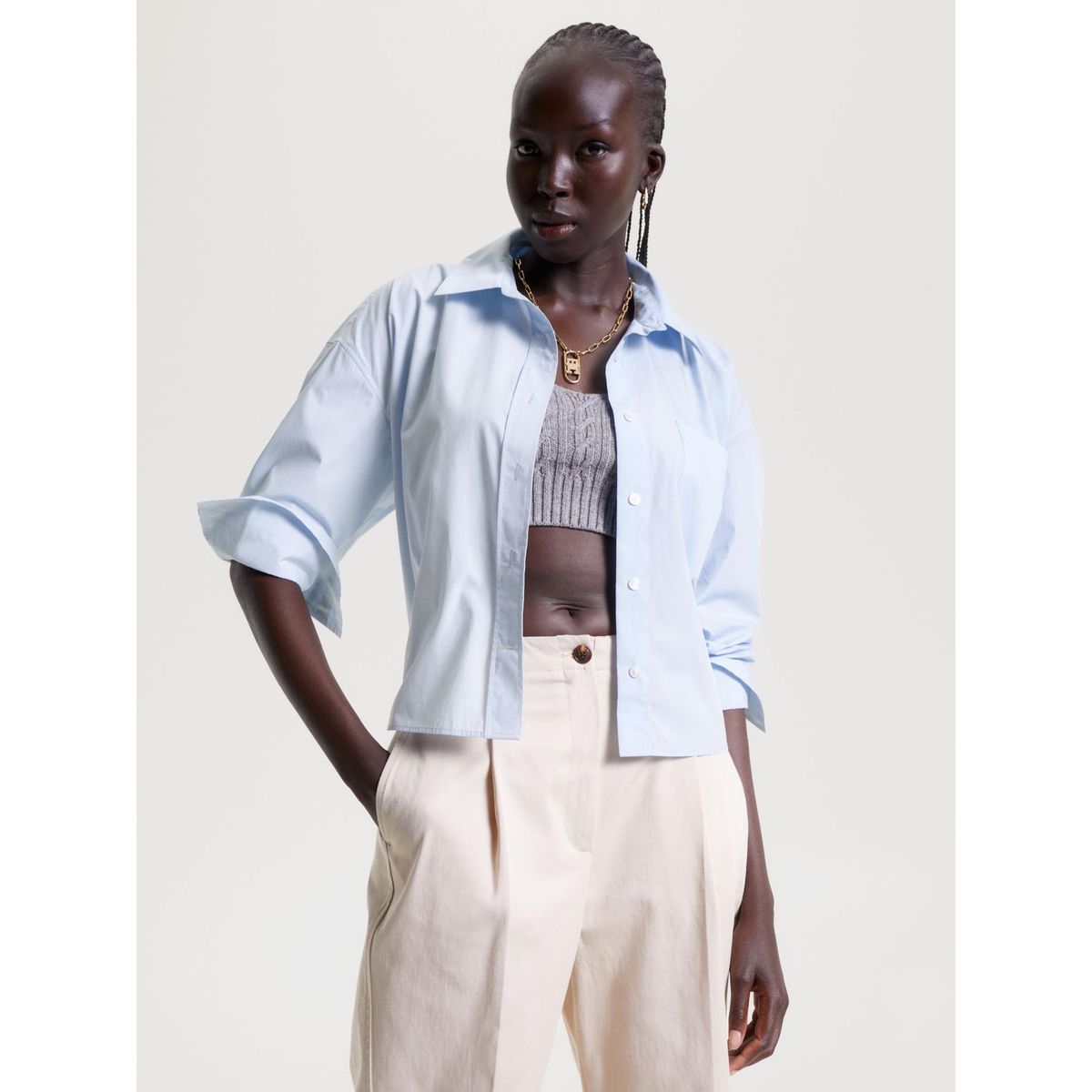 TOMMY HILFIGER - Camisa Crop Oversized Con Logo Celeste Tommy Hilfiger