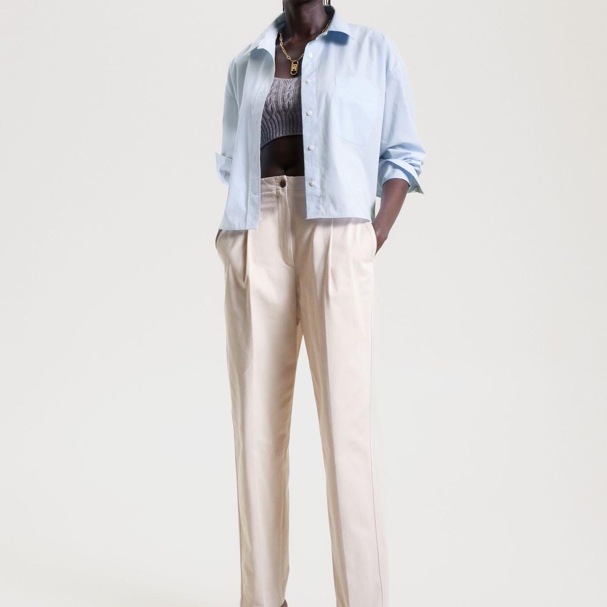 TOMMY HILFIGER - Camisa Crop Oversized Con Logo Celeste Tommy Hilfiger