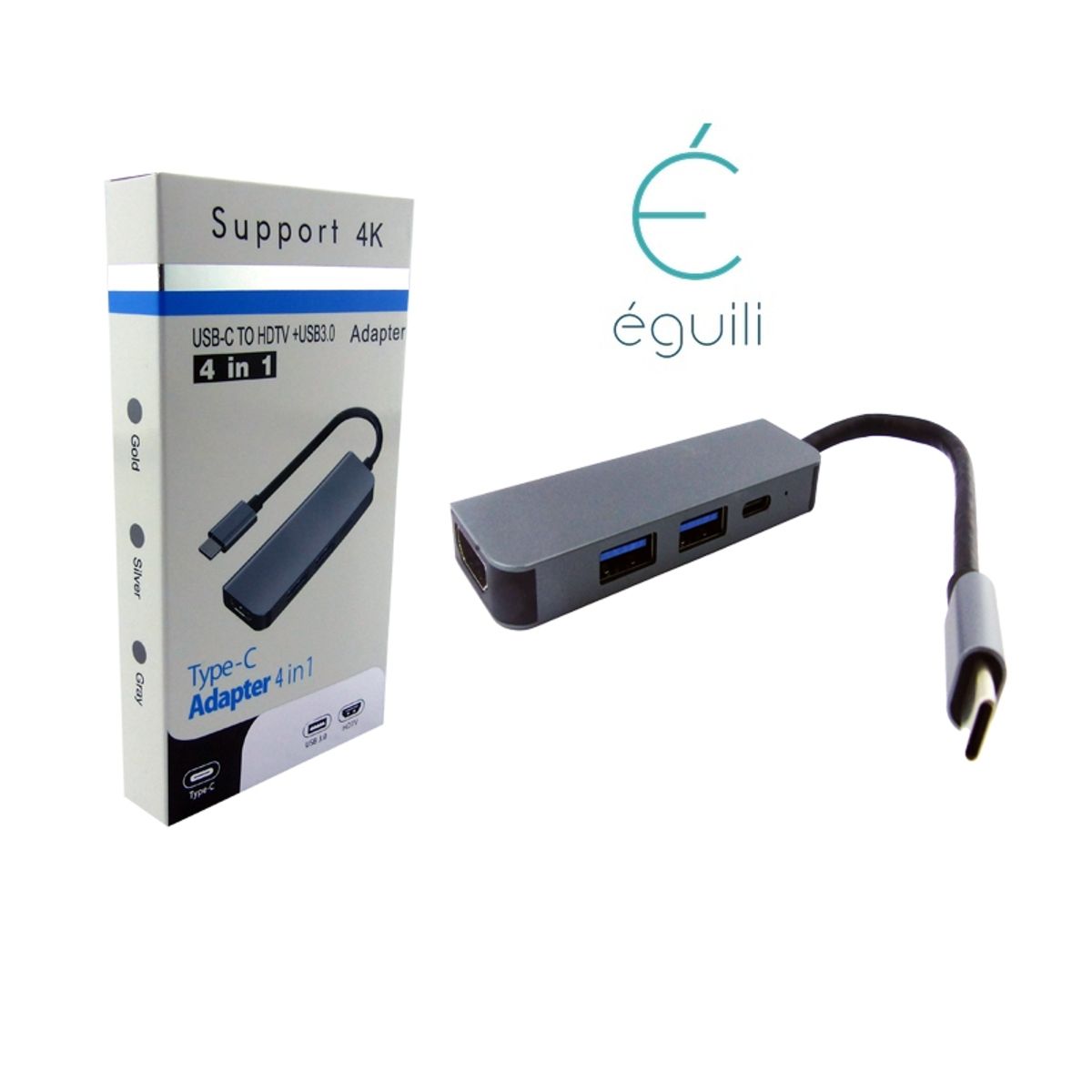 GENERICO - Adaptador Tipo C 4 En 1 Usb-C A Hdtv Suport 4k+2 Usb3.0+Pd