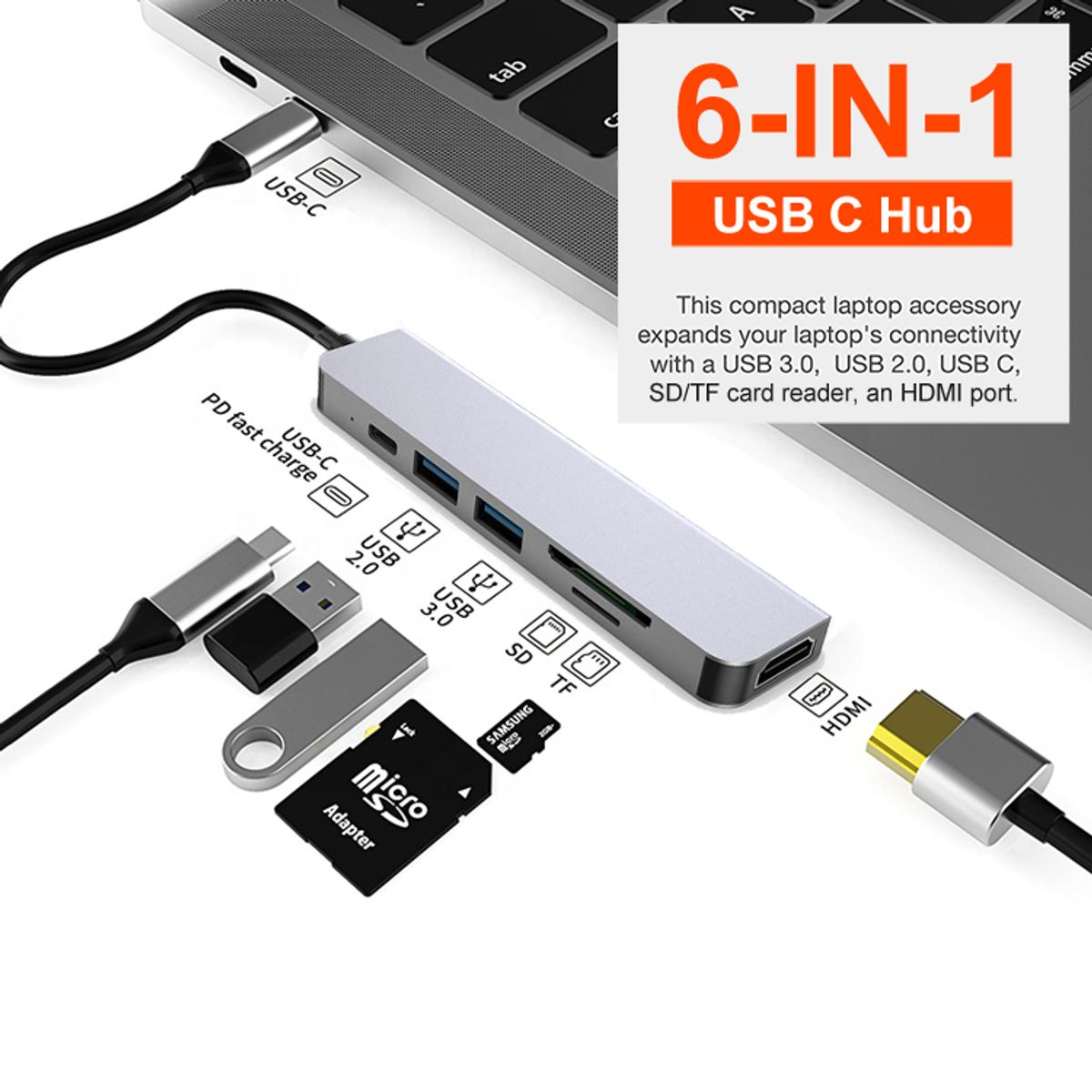 GENERICO - Hub 6 en 1 USB-C - HDMI, 2x USB 3.0, TF, SD, USB-C GENERICO