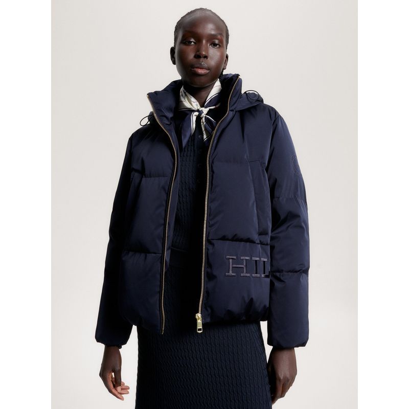 TOMMY HILFIGER - Parka Relaxed De Satén Con Gorro Azul Tommy Hilfiger