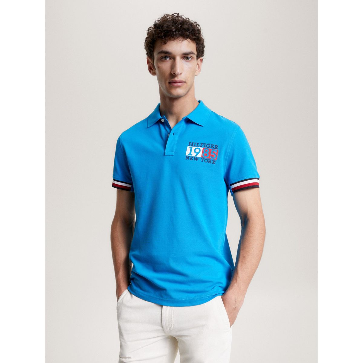 TOMMY HILFIGER - Polo Ribeteado Corte Slim Y Logo Celeste Tommy Hilfiger