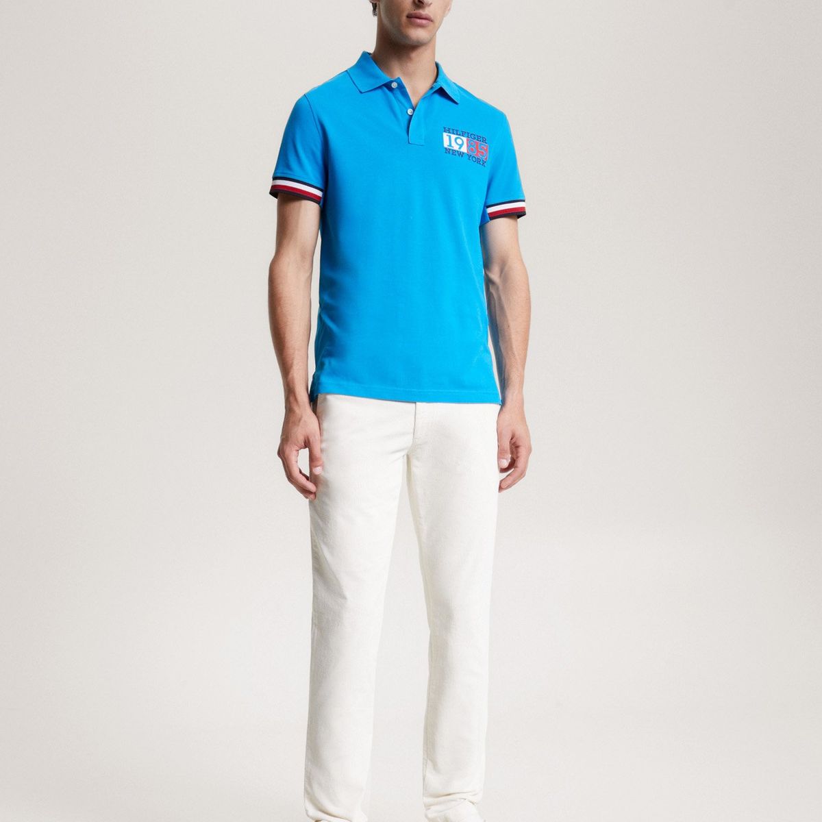 TOMMY HILFIGER - Polo Ribeteado Corte Slim Y Logo Celeste Tommy Hilfiger