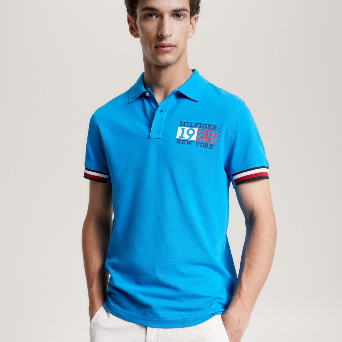 TOMMY HILFIGER - Polo Ribeteado Corte Slim Y Logo Celeste Tommy Hilfiger