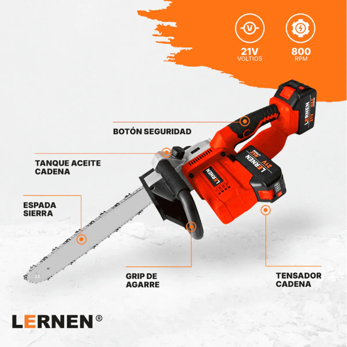LERNEN - Motosierra Podadora Eléctrica 16 Pulgadas + 2 Baterías