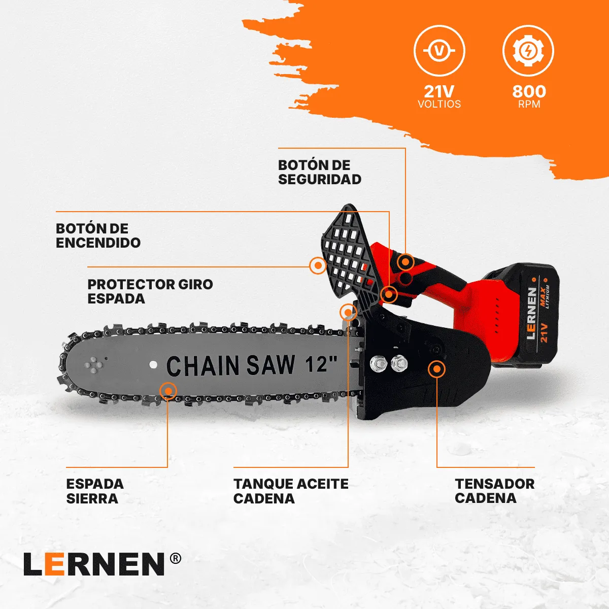 LERNEN - Motosierra Podadora Eléctrica 12 Pulgadas + 2 Baterías