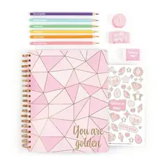 MAKE IT REAL - Libreta Rosada Todo En Uno Con Lapices Sticker