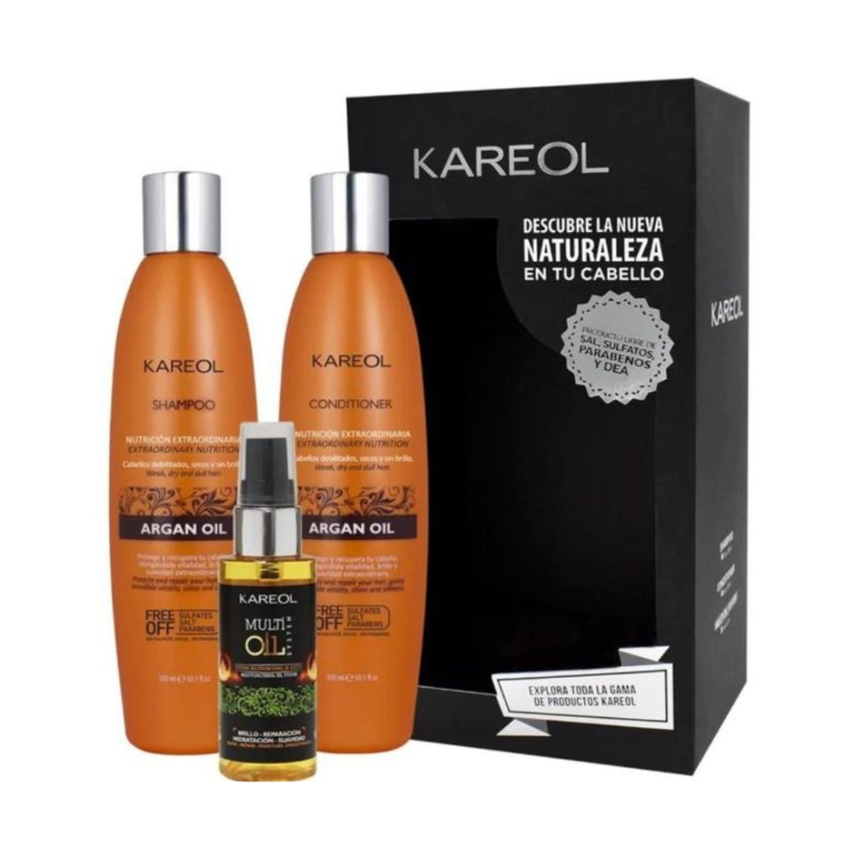 GENERICO - Pack Kareol Argan Oil Shampoo  Acondicionador 300ml  Multi Oil System 60ml.