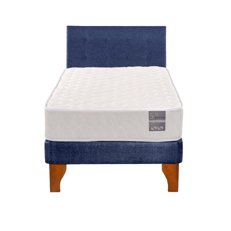 5 SUEÑO - Cama Europea 1 Plaza Luna + Respaldo Capitoné Madera Azul