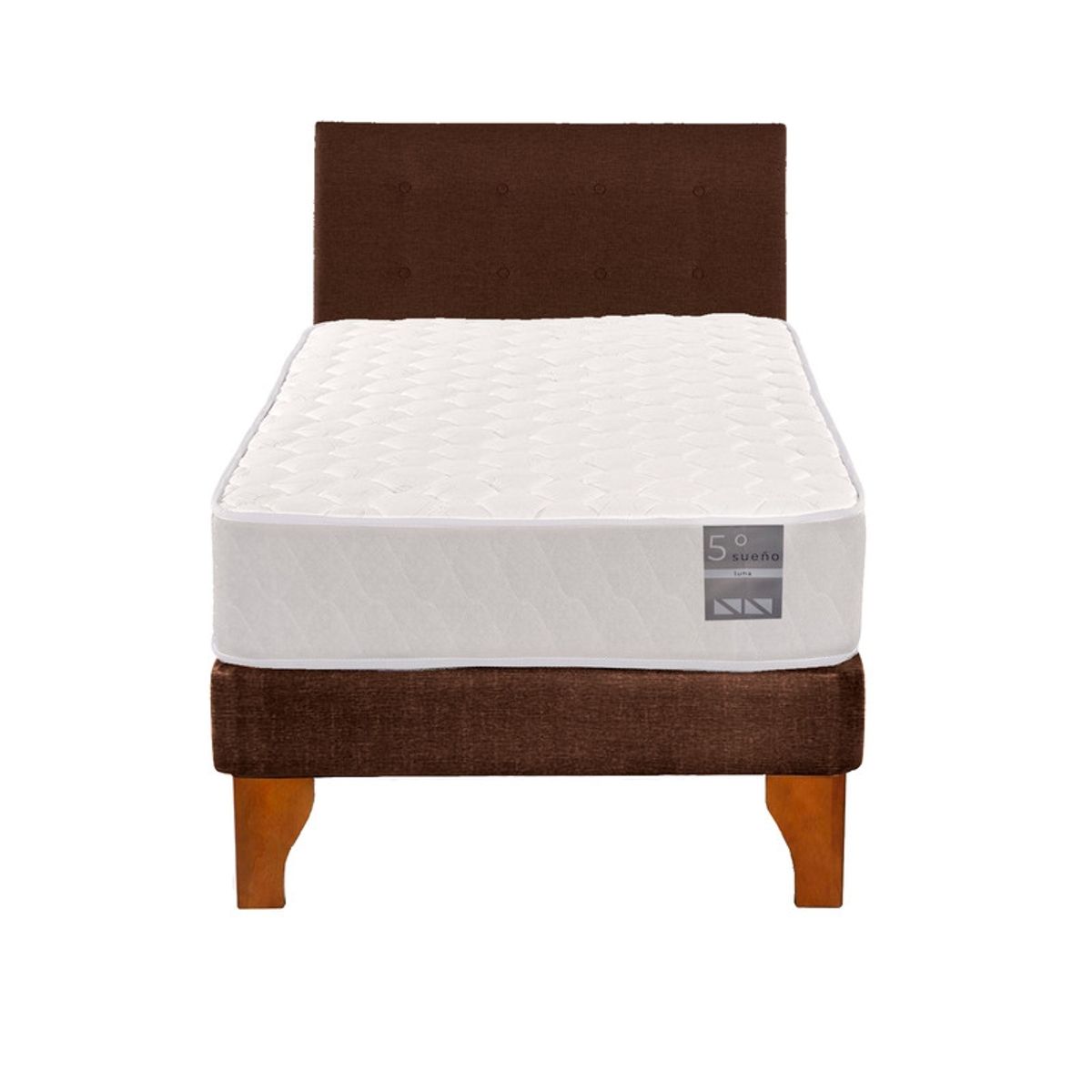 5 SUEÑO - Cama Europea 1 Plaza Luna + Respaldo Capitoné Madera Café…