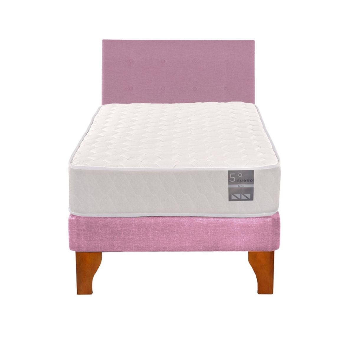 5 SUEÑO - Cama Europea 1 Plaza Luna + Respaldo Capitoné Madera Rosado…