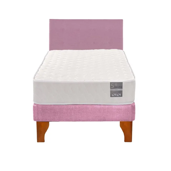 5 SUEÑO - Cama Europea 1 Plaza Luna + Respaldo Capitoné Madera Rosado…
