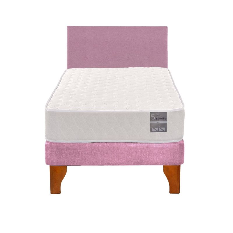 5 SUEÑO - Cama Europea 1 Plaza Luna + Respaldo Capitoné Madera Rosado