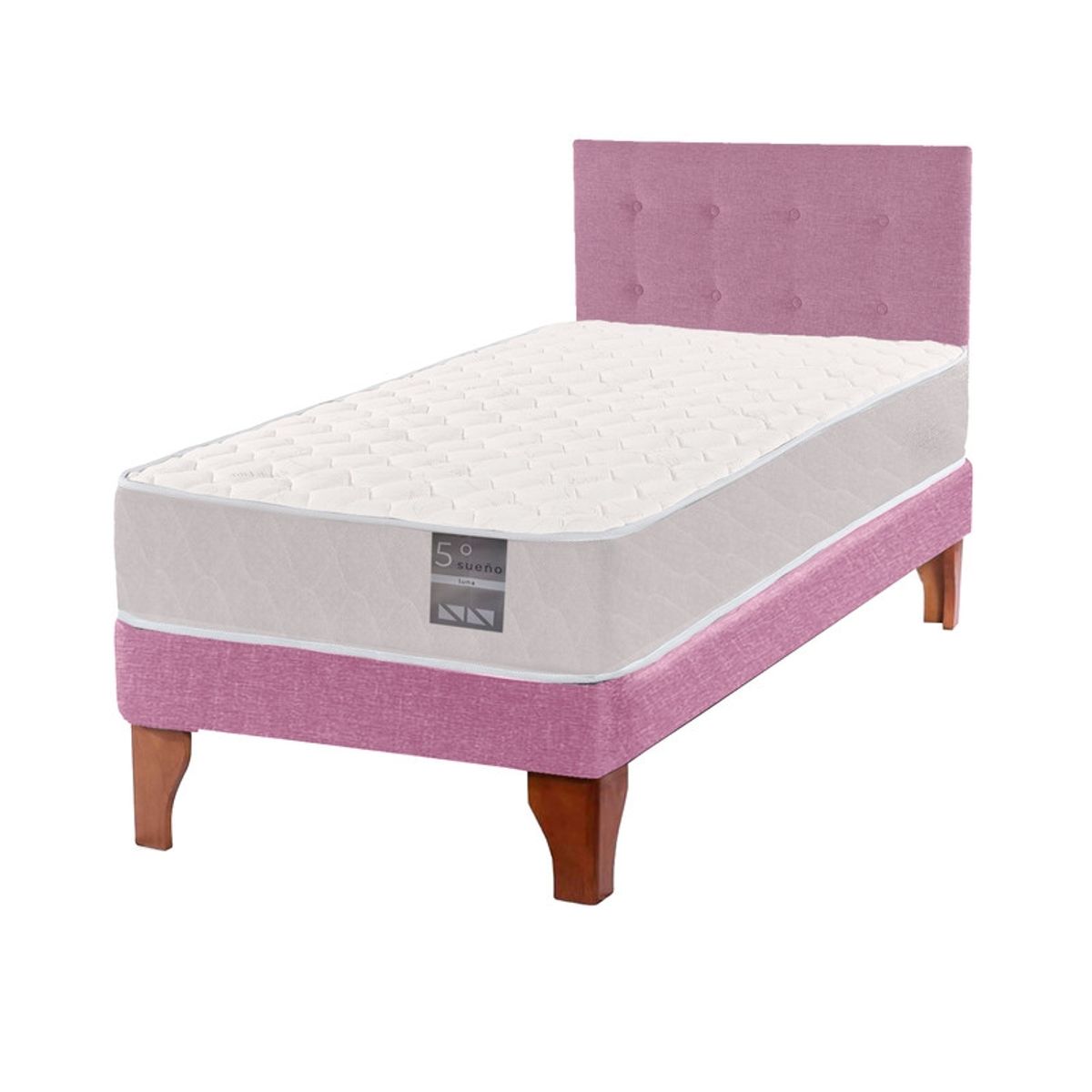 5 SUEÑO - Cama Europea 1 Plaza Luna + Respaldo Capitoné Madera Rosado…