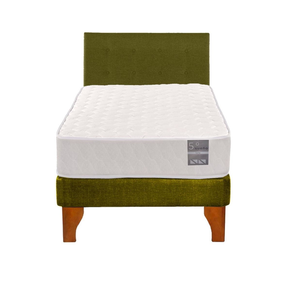 5 SUEÑO - Cama Europea 1 Plaza Luna + Respaldo Capitoné Madera Verde…