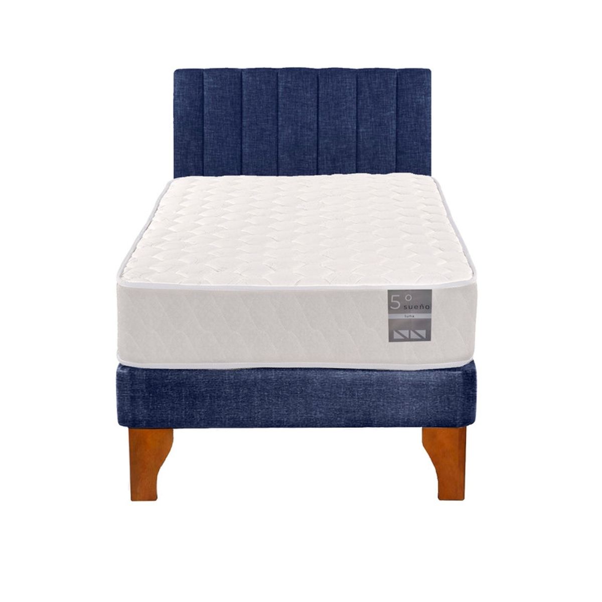 5 SUEÑO - Cama Europea 1 Plaza Luna + Respaldo Tubular Madera Azul