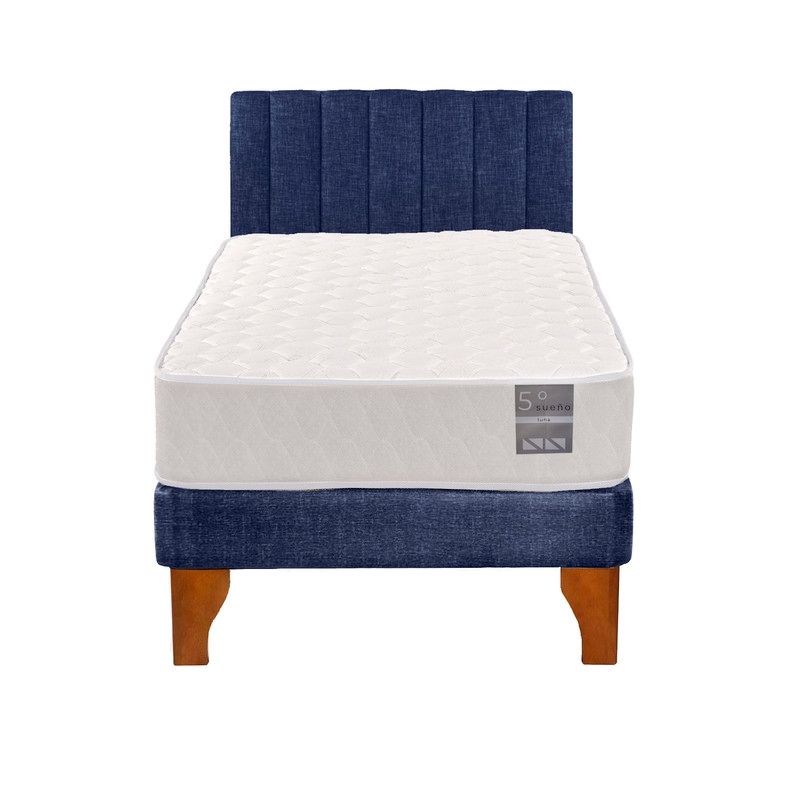 5 SUEÑO - Cama Europea 1 Plaza Luna + Respaldo Tubular Madera Azul