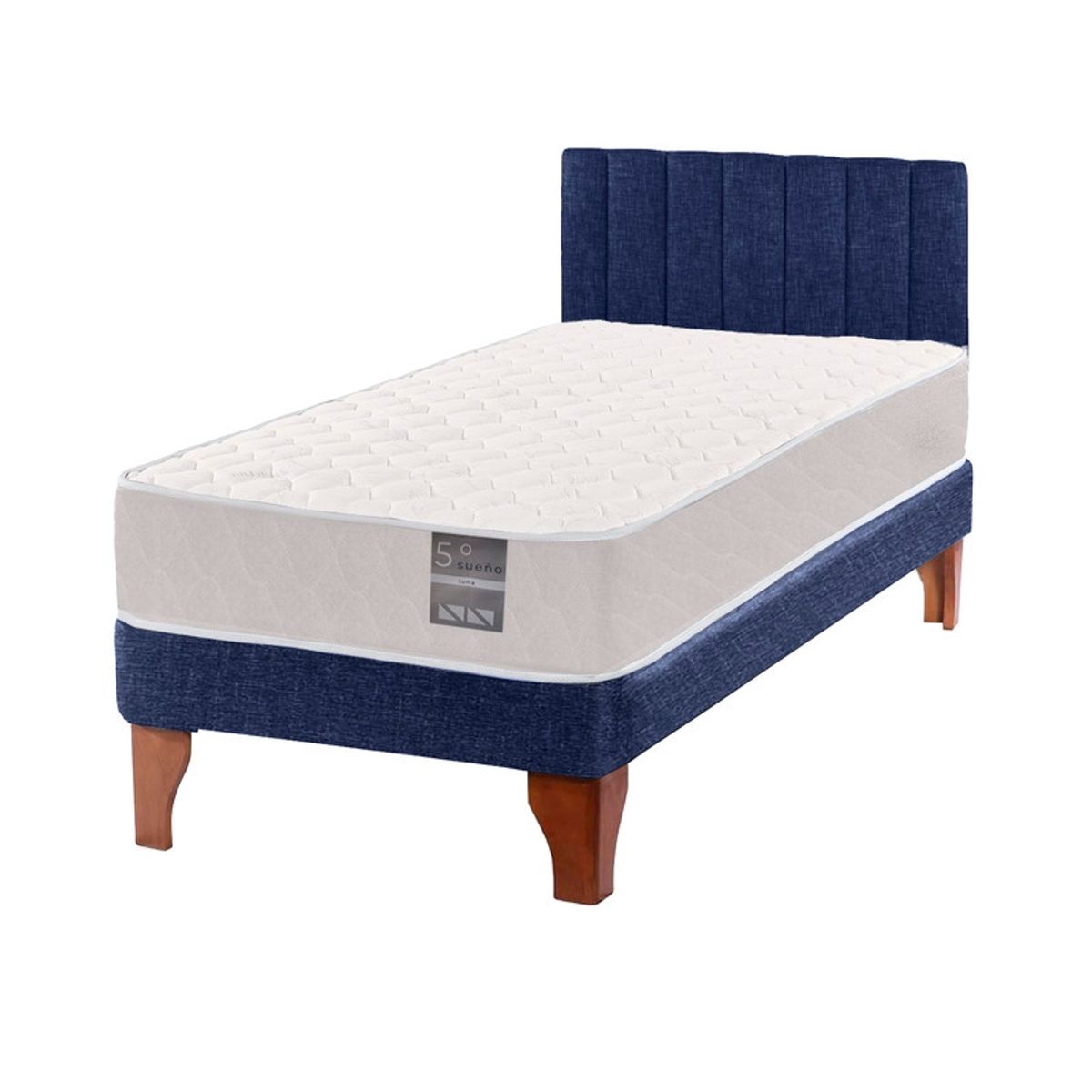 5 SUEÑO - Cama Europea 1 Plaza Luna + Respaldo Tubular Madera Azul