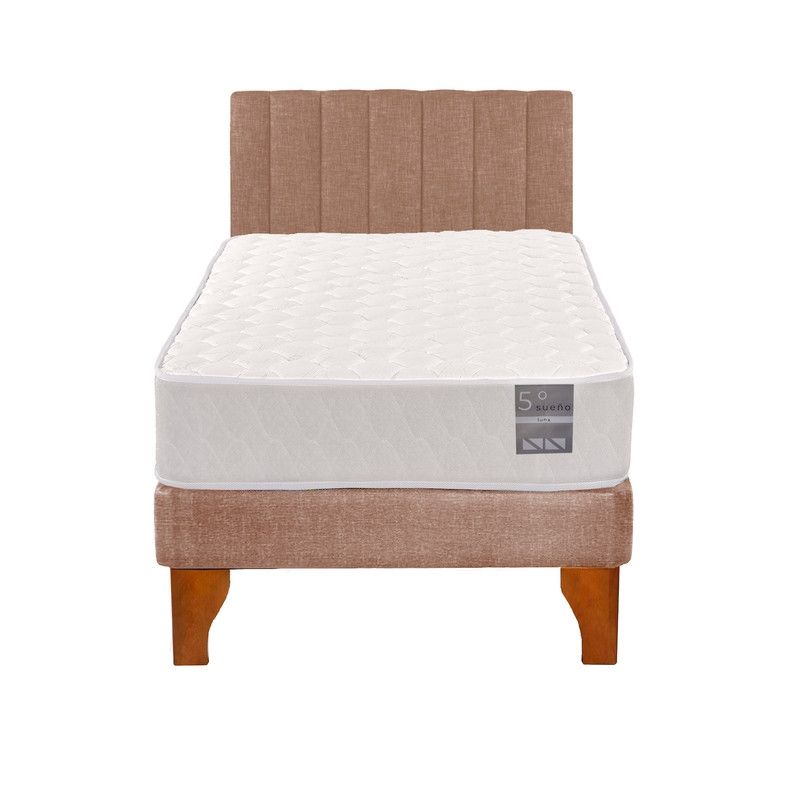 5 SUEÑO - Cama Europea 1 Plaza Luna + Respaldo Tubular Madera Beige