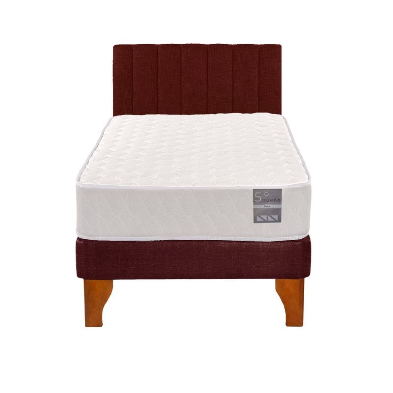 5 SUEÑO - Cama Europea 1 Plaza Luna + Respaldo Tubular Madera Burdeo
