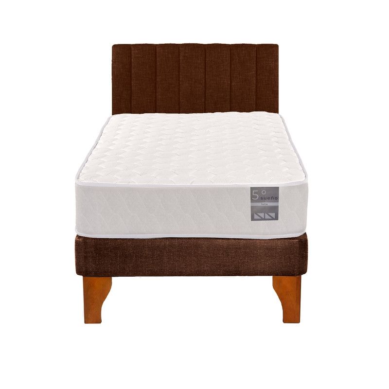 5 SUEÑO - Cama Europea 1 Plaza Luna + Respaldo Tubular Madera Café