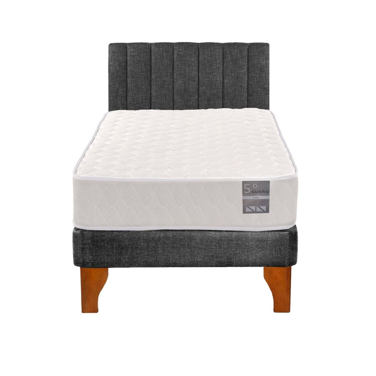 5 SUEÑO - Cama Europea 1 Plaza Luna + Respaldo Tubular Madera Gris…