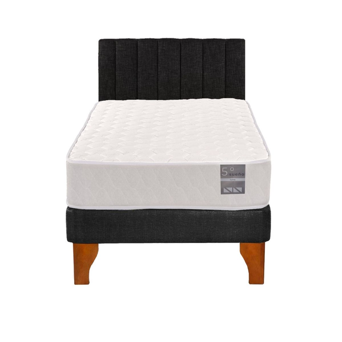 5 SUEÑO - Cama Europea 1 Plaza Luna + Respaldo Tubular Madera Negro