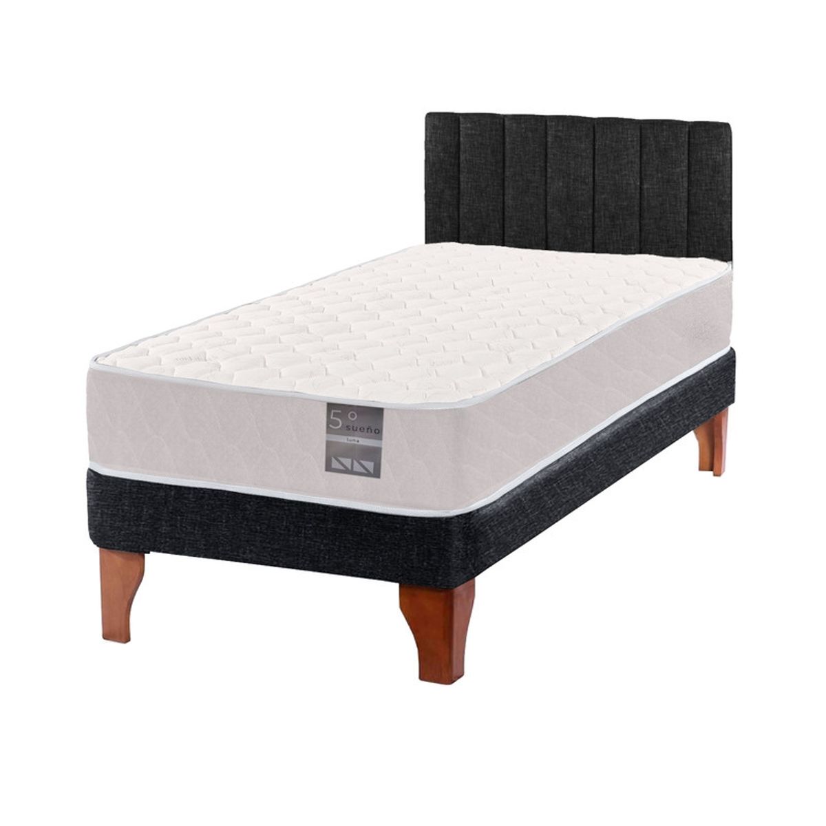 5 SUEÑO - Cama Europea 1 Plaza Luna + Respaldo Tubular Madera Negro