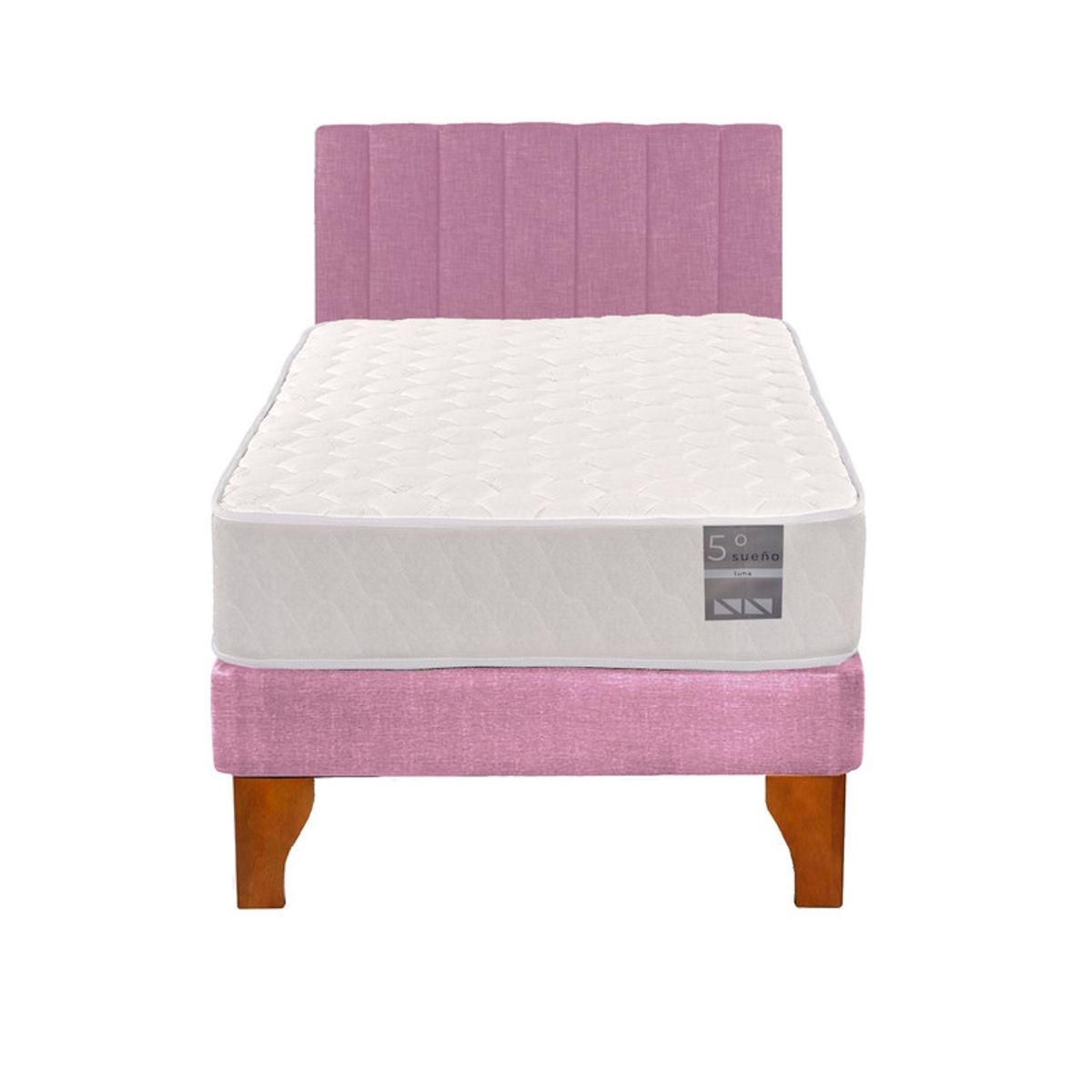 5 SUEÑO - Cama Europea 1 Plaza Luna + Respaldo Tubular Madera Rosado