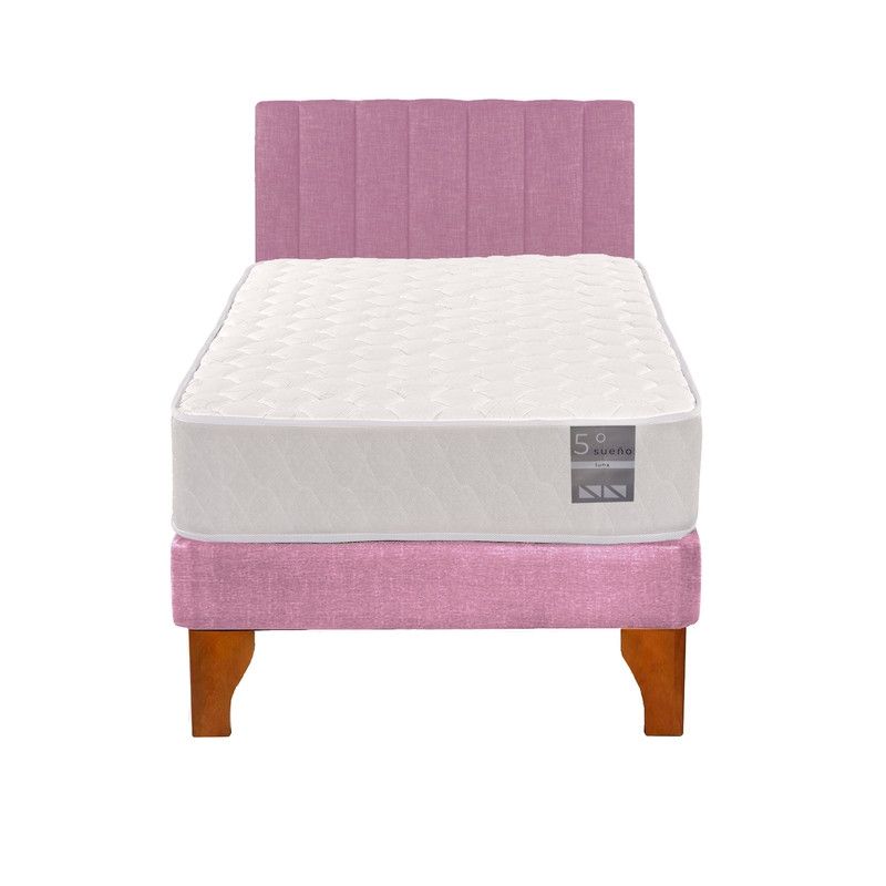 5 SUEÑO - Cama Europea 1 Plaza Luna + Respaldo Tubular Madera Rosado