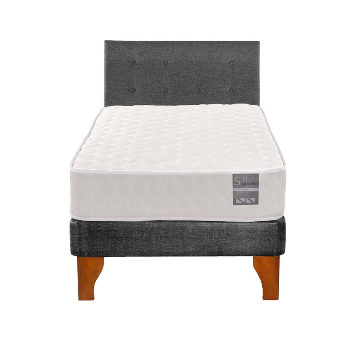 5 SUEÑO - Cama Europea 1 Plaza Luna + Respaldo Capitoné Madera Gris…