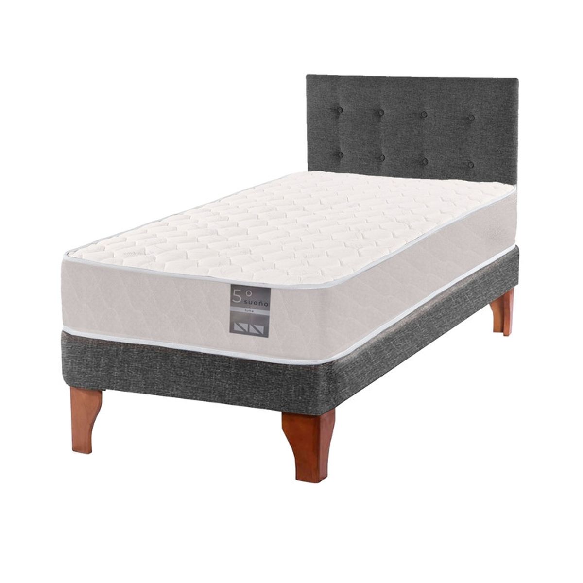 5 SUEÑO - Cama Europea 1 Plaza Luna + Respaldo Capitoné Madera Gris…