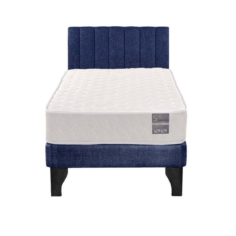 5 SUEÑO - Cama Europea 1 Plaza Luna + Respaldo Tubular Negro Azul