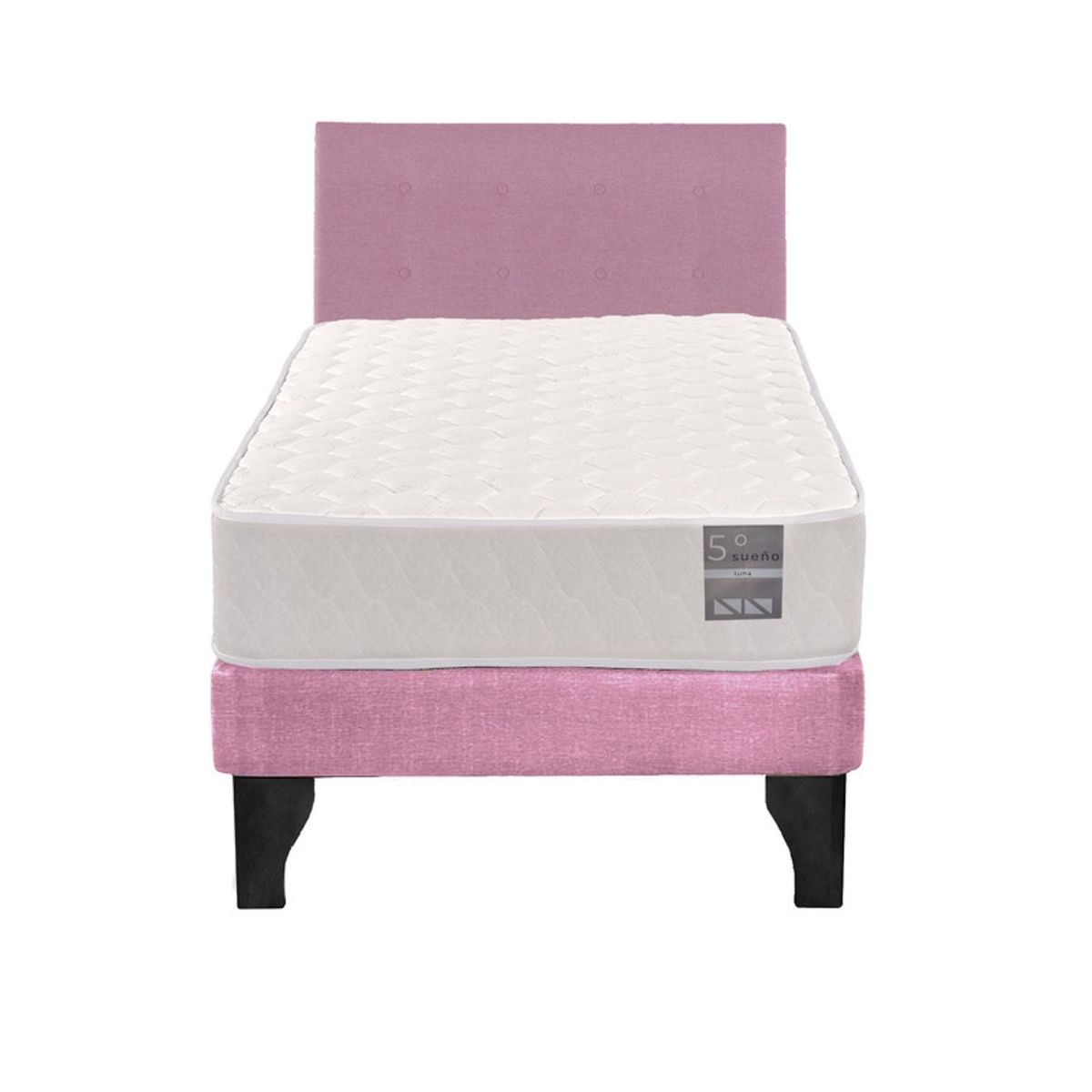 5 SUEÑO - Cama Europea 1 Plaza Luna + Respaldo Capitoné Negro Rosado…