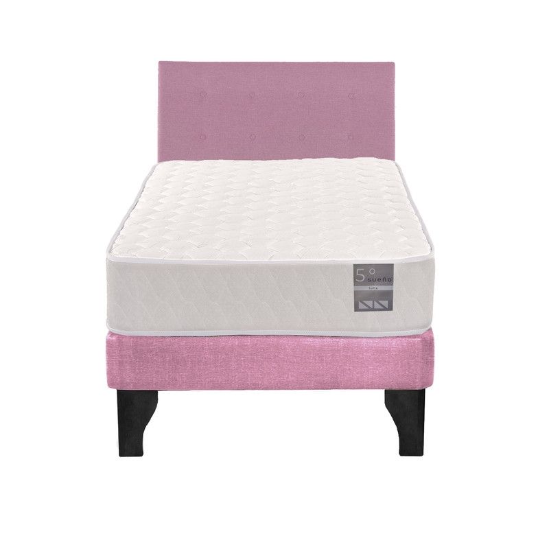 5 SUEÑO - Cama Europea 1 Plaza Luna + Respaldo Capitoné Negro Rosado