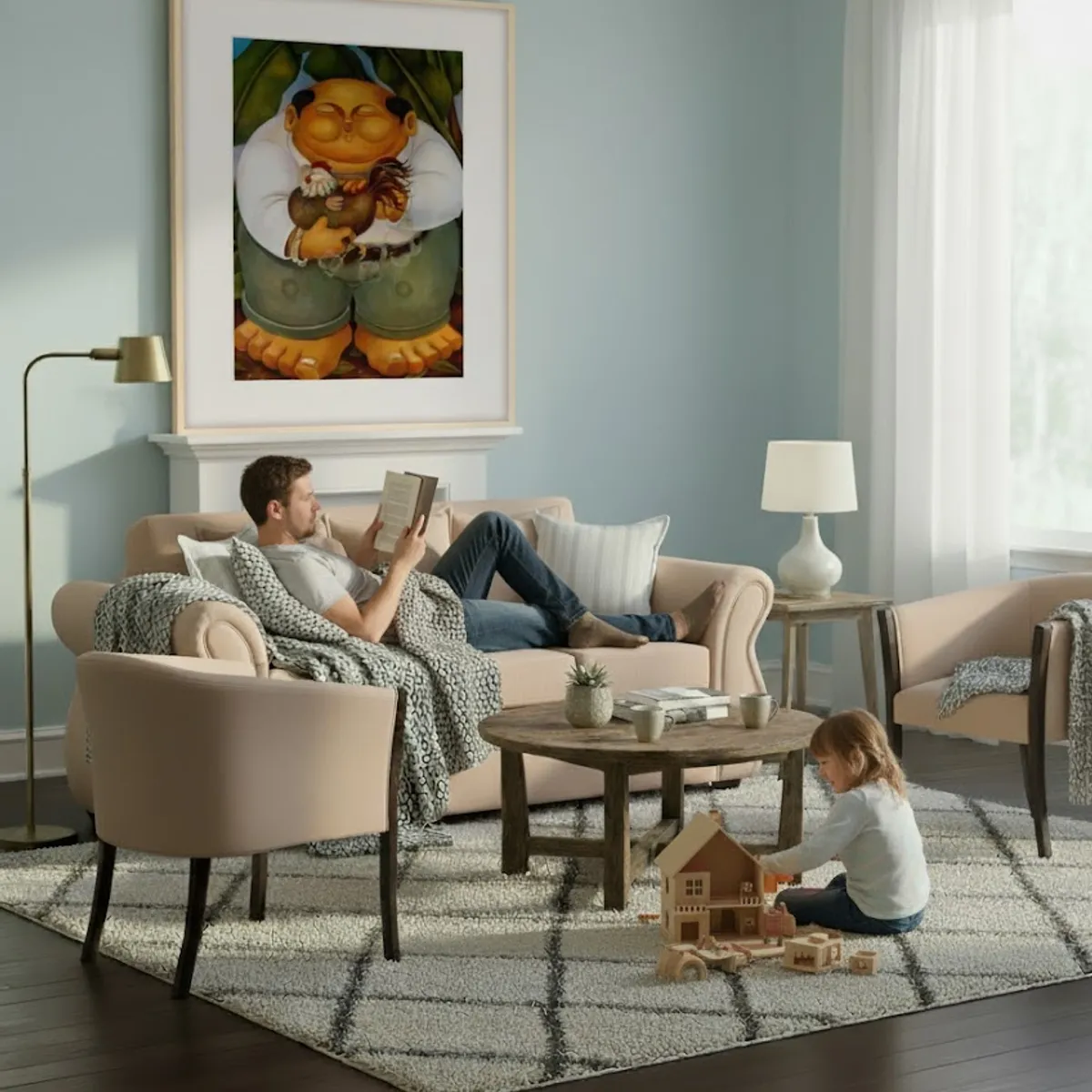 SITIAL HOME - Living 311 Facundo Beige sofa 3 cuerpos + 2 Sitiales de madera