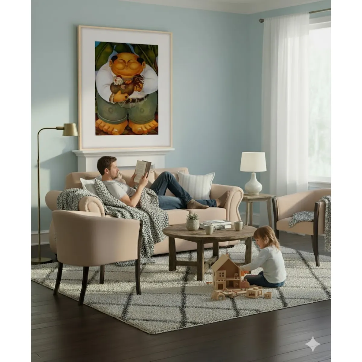 SITIAL HOME - Living 311 Facundo Beige sofa 3 cuerpos + 2 Sitiales de madera