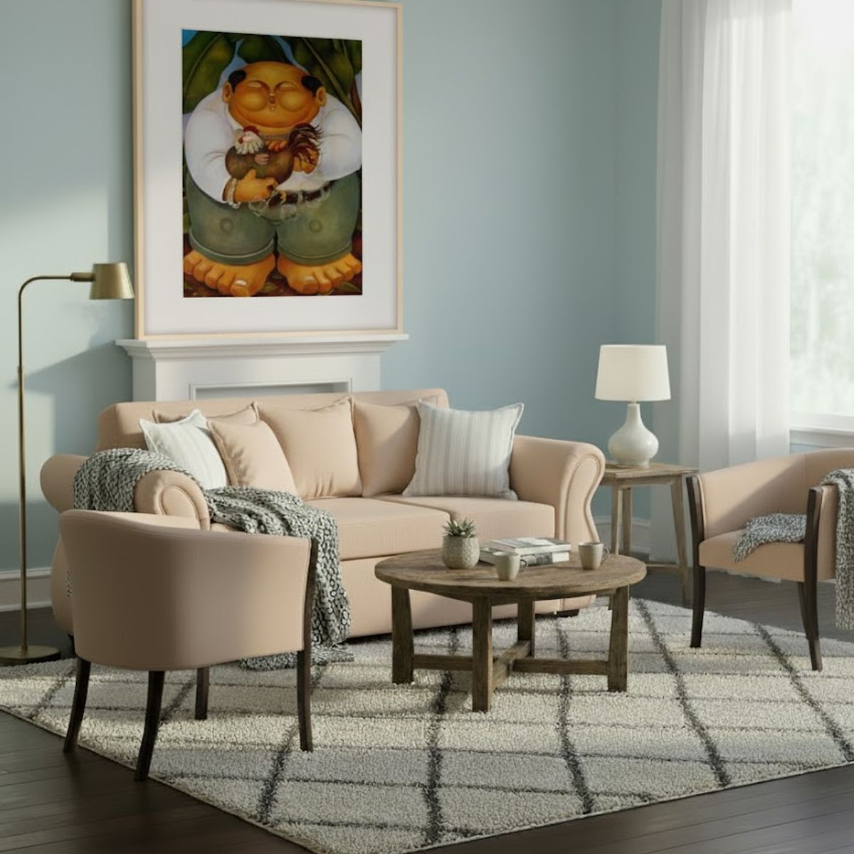 SITIAL HOME - Living 311 Facundo Beige sofa 3 cuerpos + 2 Sitiales de madera