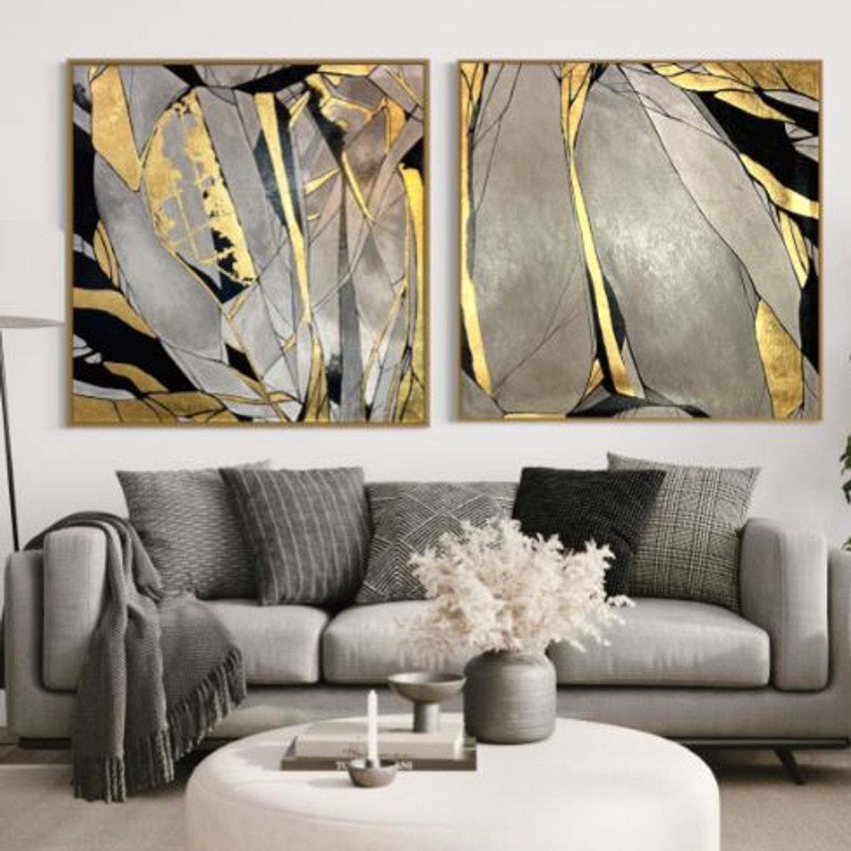 GENERICO - CUADROS PINTADOS A MANO ABSTRACTO GRIS Y DORADO PINTURA C-106