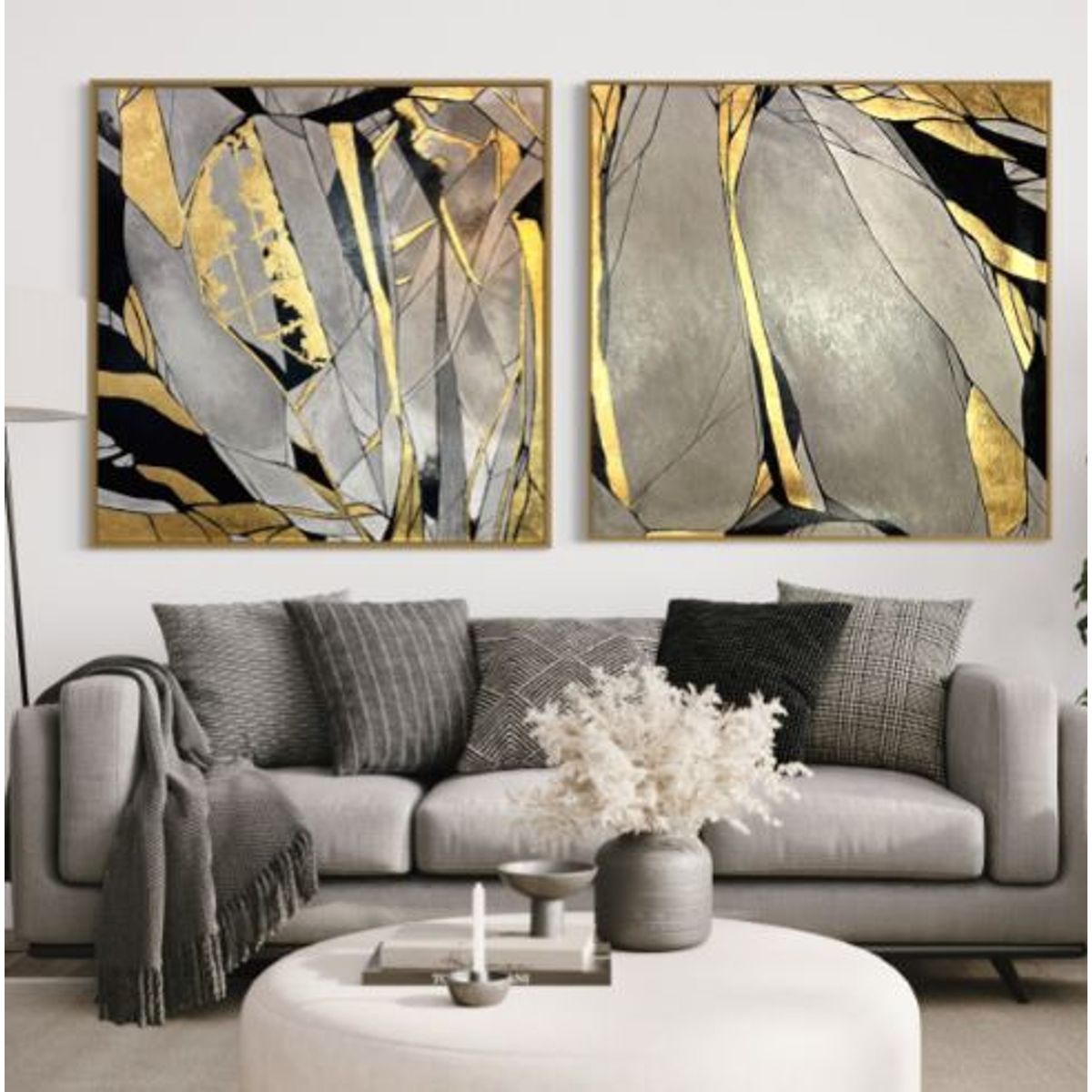 GENERICO - CUADROS PINTADOS A MANO ABSTRACTO GRIS Y DORADO PINTURA C-106