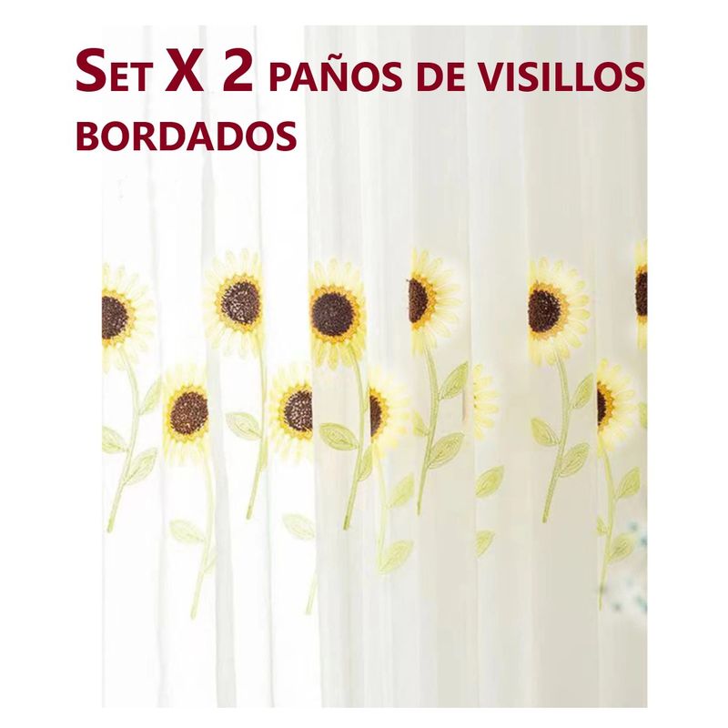 COMPRAPO - Set X 2 Visillos Blancos Bordados Girasoles Blancos 140x230 Cm