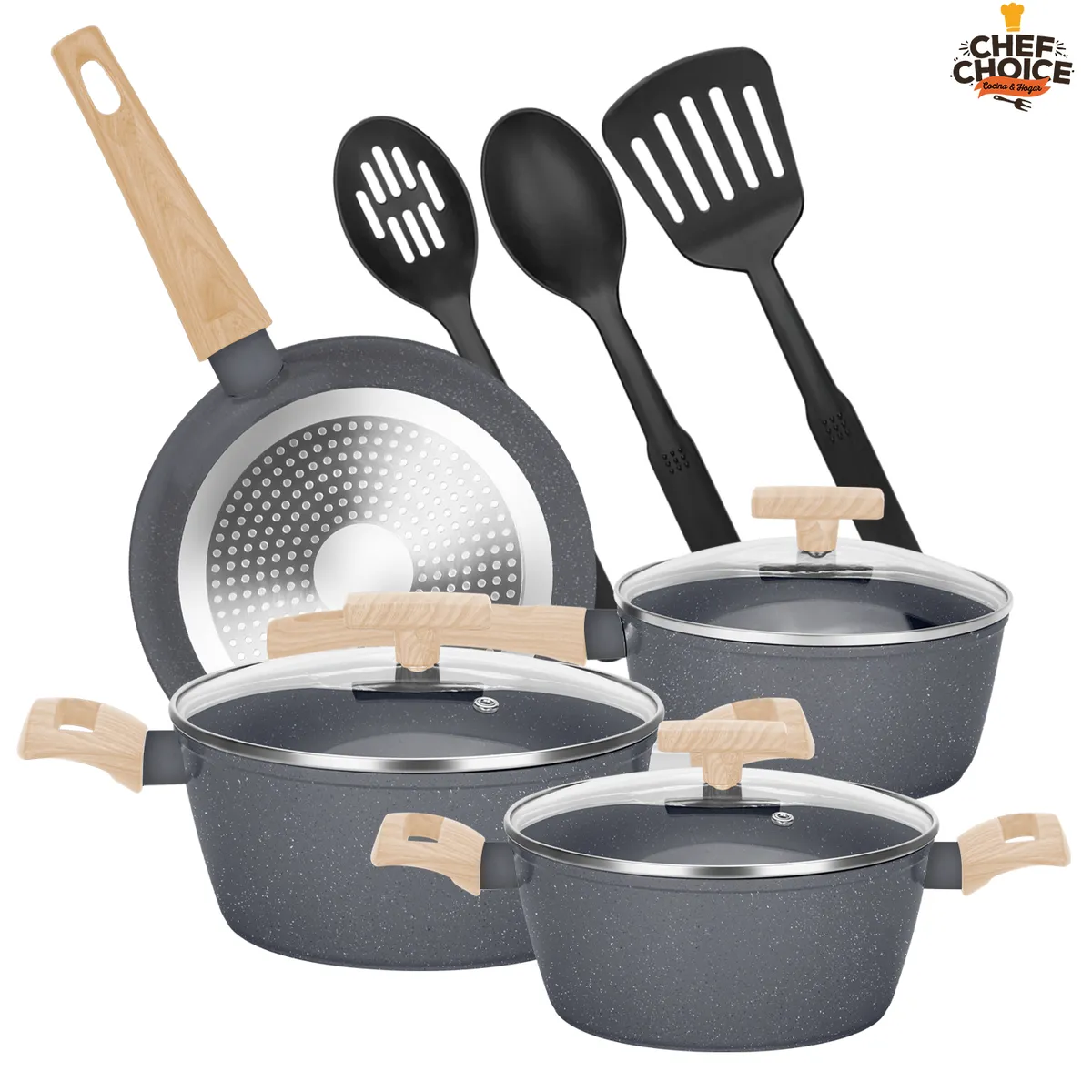 CHEFCHOICE - Bateria Cocina Aluminio Granito Antiadherente Cacerolas 10pcs Marengo
