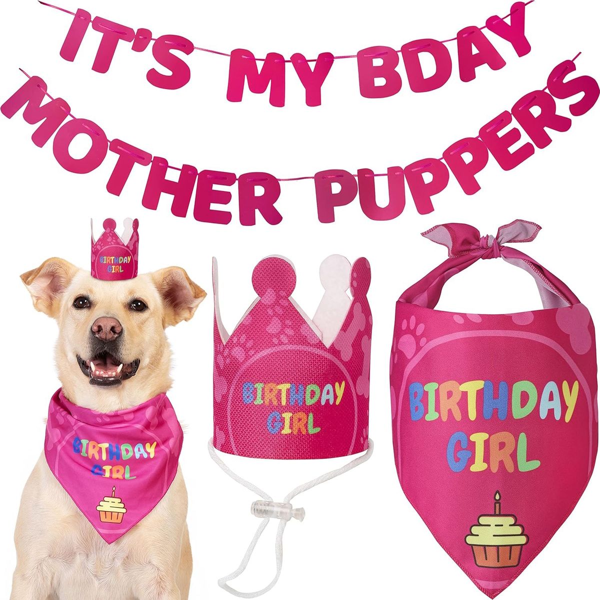 COREJOY - Pack Decoración Cumpleaños para perros rosa-L